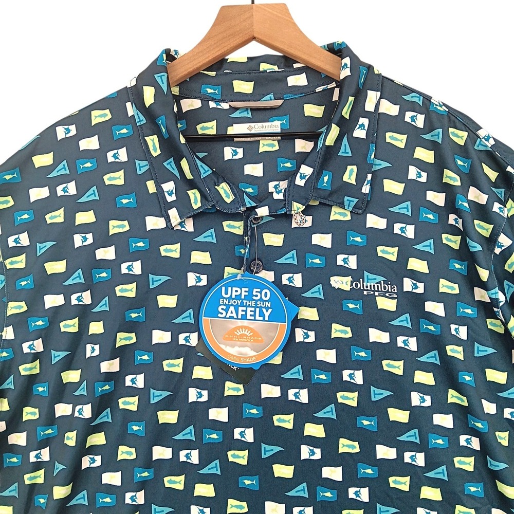 Columbia Super Slack Tide Polo Shirt Mens XXL Teal Fishing Flag Print UPF 50 NEW